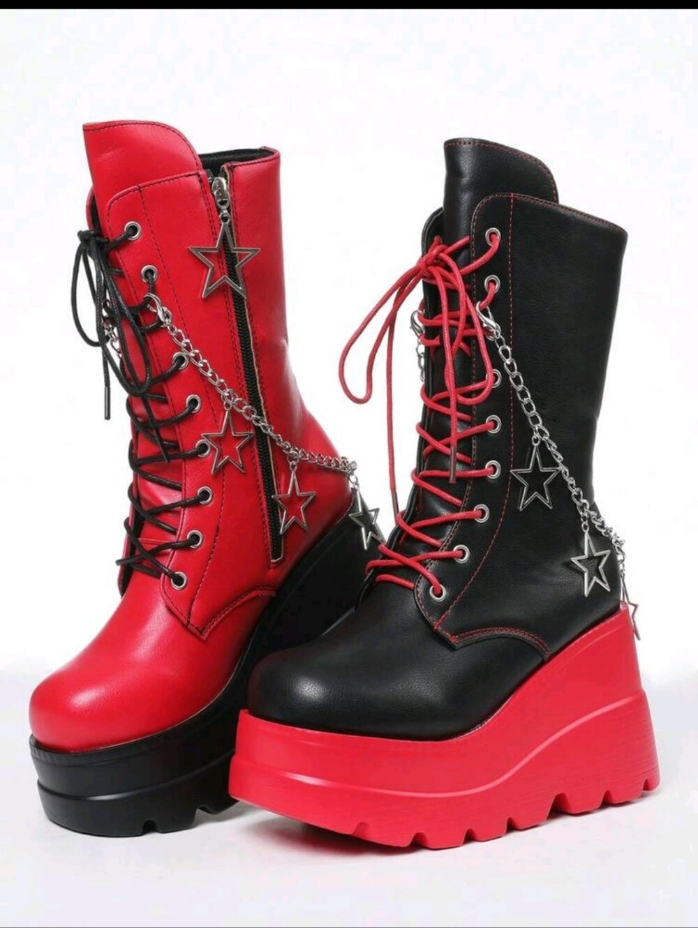 Black and Red Star-Chain Platform Lace-Up Boots